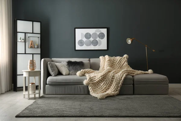 Sofá Confortável Com Xadrez Malha Sala Estar Design Interiores — Fotografia de Stock