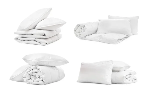 Set Blankets Pillows Isolated White — Stock Photo, Image