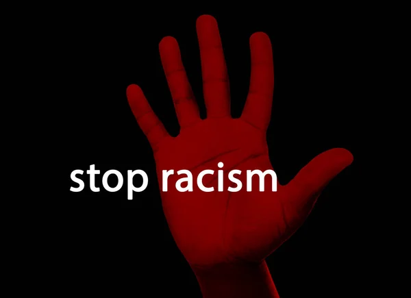 Stop Racisme Man Tonen Hand Zwarte Achtergrond Close — Stockfoto