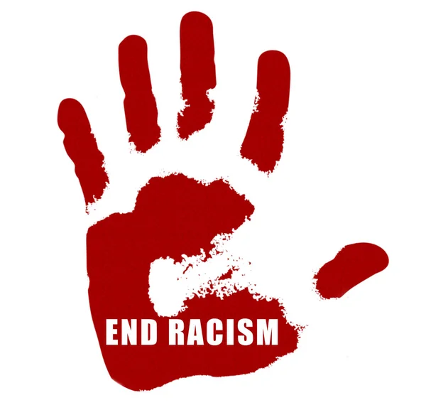 Acabar Com Racismo Impressão Mão Sobre Fundo Branco — Fotografia de Stock