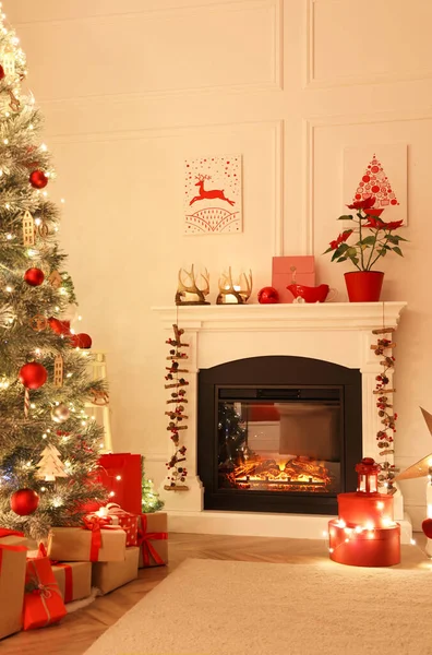 Living Room Fireplace Christmas Decorations Festive Interior Design Stock Photo