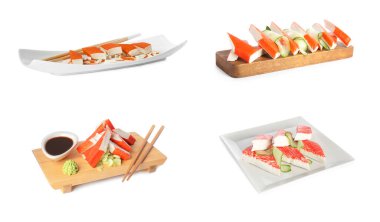 Beyaz arkaplanda lezzetli yengeç çubukları 