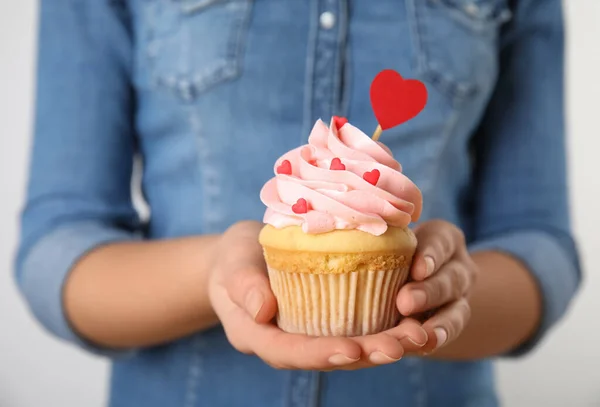 Woman Holding Tasty Cupcake Valentine Day Light Background Closeup — Stock Photo, Image