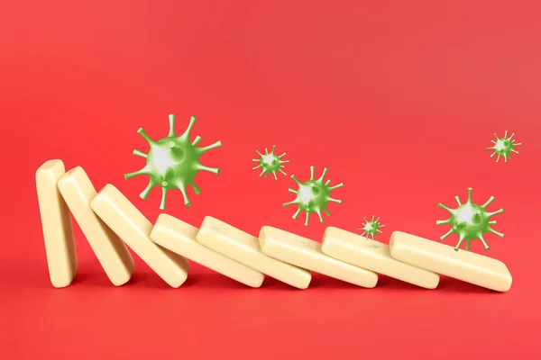 Concept Spreading Coronavirus Wooden Domino Tiles Falling Red Background — Stock Photo, Image