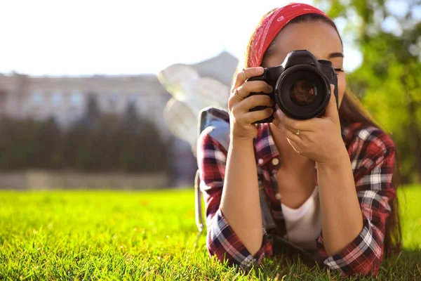 Young Photographer Taking Picture Professional Camera Green Grass Space Text Stock Photo