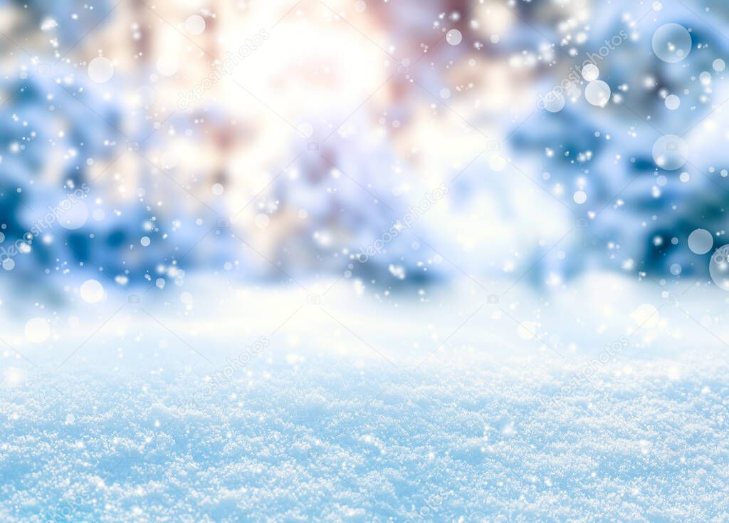 Beautiful fluffy snow, bokeh effect. Winter season 