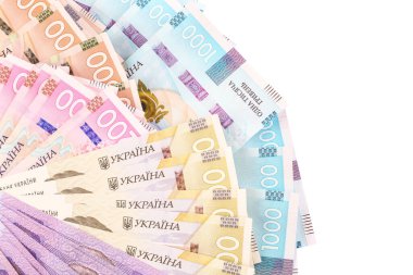 Beyaz arka planda Ukrayna parası, üst görünüm