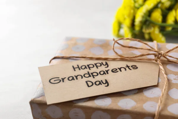 Gift Box Tag Phrase Happy Grandparents Day Light Background Closeup — Stock Photo, Image