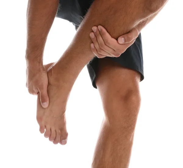Muž Trpící Bolestí Nohou Bílém Pozadí Detailní Záběr — Stock fotografie
