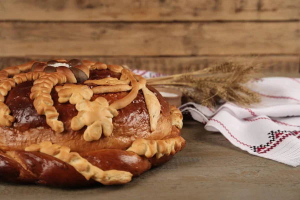 Frische Korovai Auf Holztisch Platz Für Text Ukrainisches Brot Und — Stockfoto