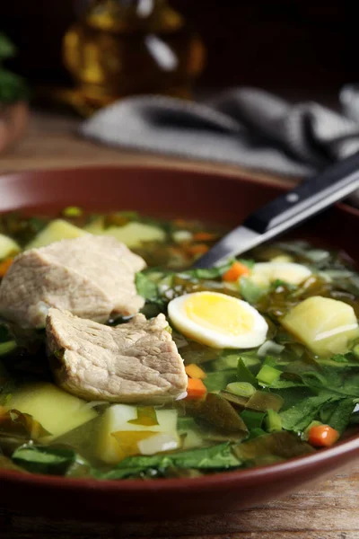 Sopa Azeda Deliciosa Com Carne Ovo Tigela Marrom Close — Fotografia de Stock