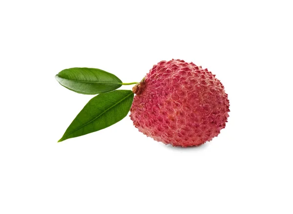 Litchi Mûr Entier Avec Des Feuilles Vertes Isolées Sur Blanc — Photo