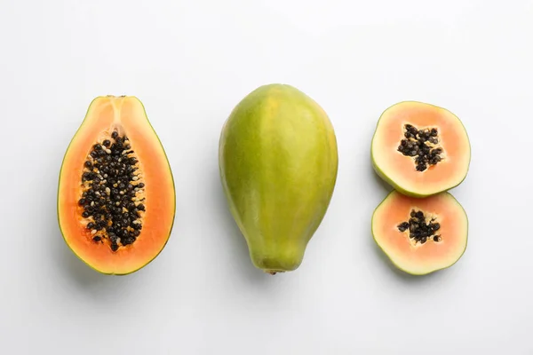 Fresh Ripe Papaya Fruits White Background Flat Lay — Stock Photo, Image