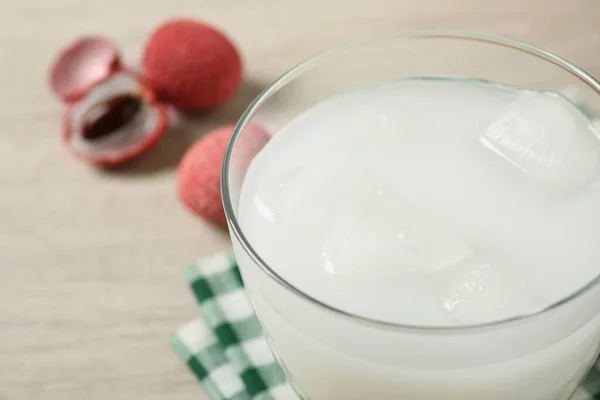 Glass Fresh Lychee Juice Table Closeup — Stock Photo, Image