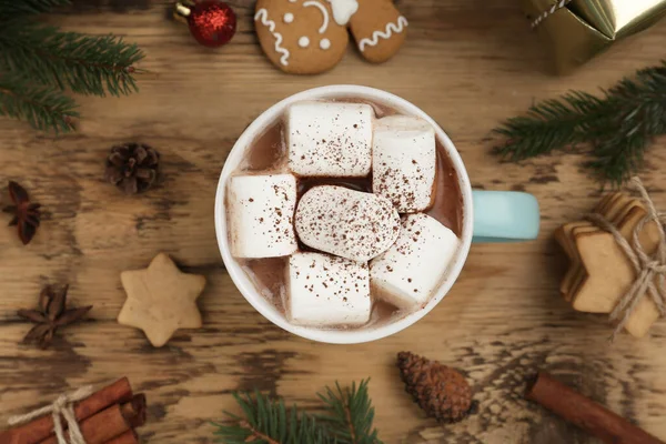 Flat Lay Composition Delicious Marshmallow Cocoa Christmas Decor Wooden Table — Stock Photo, Image