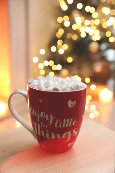 Bebida Caliente Con Malvaviscos Habitación Ambiente Mágico Navidad — Foto de Stock