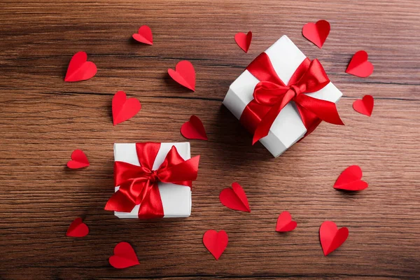 Beautiful Gift Boxes Paper Hearts Wooden Table Flat Lay Valentine — Stock Photo, Image
