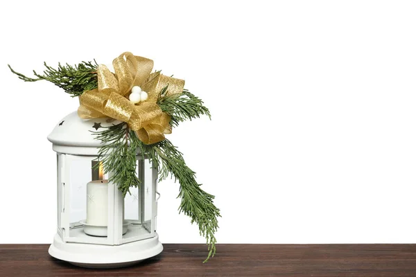 Linterna Navidad Decorada Con Vela Encendida Mesa Madera Espacio Para —  Fotos de Stock