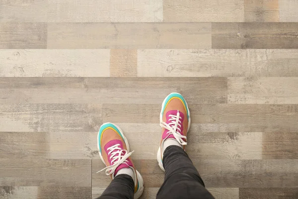 Woman Colorful Sneakers Standing Wooden Floor Top View Space Text — Stock Photo, Image