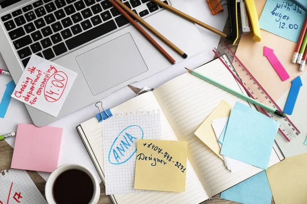 Laptop Notes Office Stationery Mess Desk Top View Overwhelmed Work — Stock Photo, Image