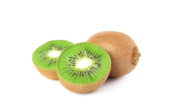 Kiwis Frais Coupés Entiers Sur Fond Blanc — Photo