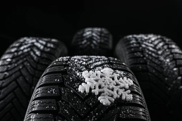 Set New Winter Tires Black Background Closeup — Stock Photo, Image