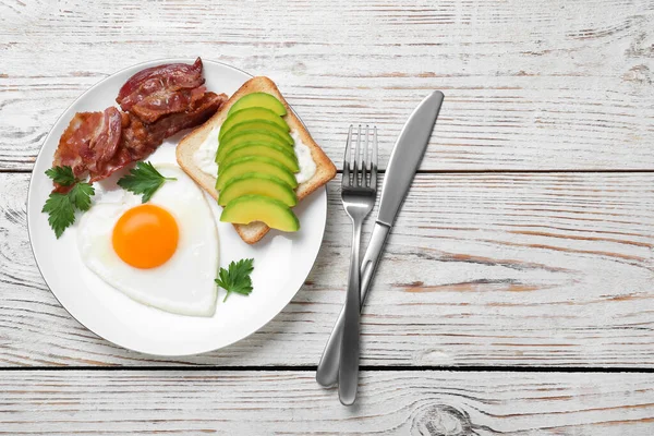 Romantisches Frühstück Auf Weißem Holztisch Flache Liege Mit Platz Für — Stockfoto