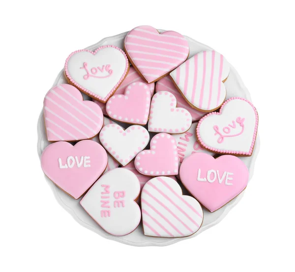 Delicious Heart Shaped Cookies White Background Top View Valentine Day — Stock Photo, Image