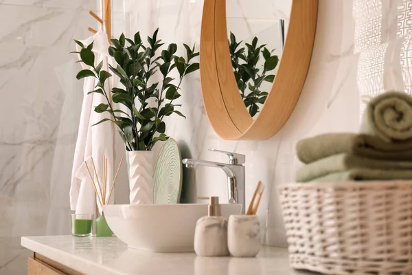 Vase Beautiful Branches Toiletries Vessel Sink Bathroom Interior Design — Stock Photo, Image
