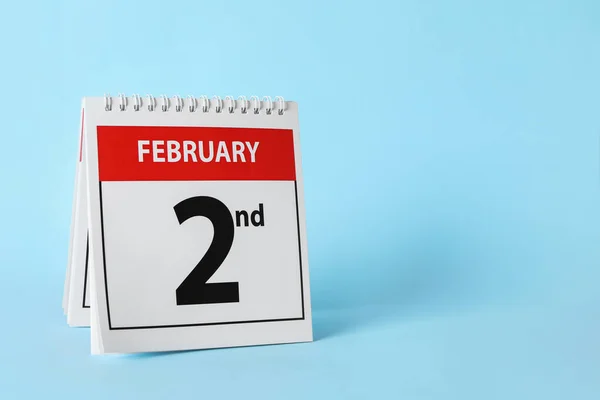 Calendar Date February 2Nd Light Blue Background Space Text Groundhog — Stock Photo, Image