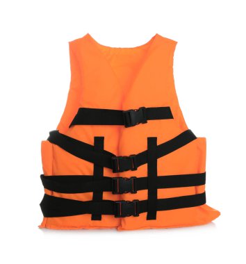 Beyaz üzerine izole edilmiş turuncu can yeleği. Kişisel yüzdürme aygıtı