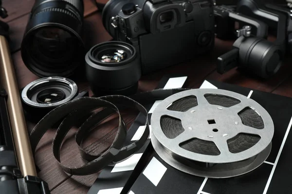 Modern Camera Video Production Equipment Brown Wooden Table Closeup — Stock Photo, Image