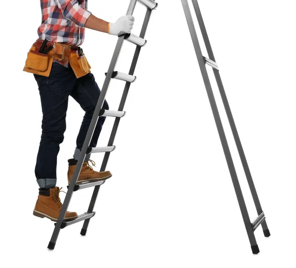 Professional Constructor Climbing Ladder White Background Closeup — Stock Photo, Image