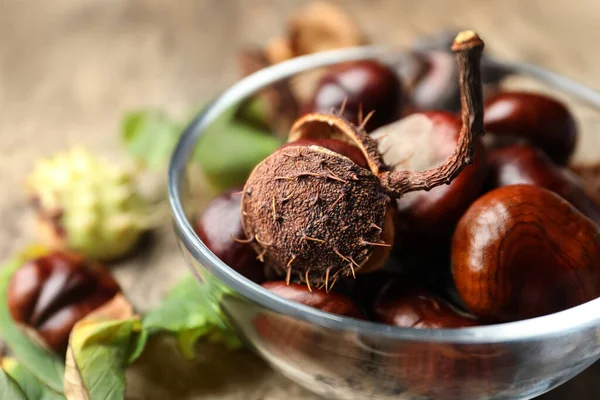 Castagne Cavallo Ciotola Sul Tavolo Primo Piano — Foto Stock