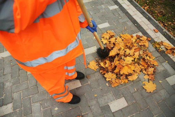 Straßenreiniger Fegt Herbsttag Umgefallenes Laub Ins Freie Nahaufnahme — Stockfoto