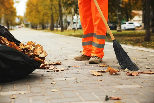 Straßenreiniger Fegt Herbsttag Umgefallenes Laub Ins Freie Nahaufnahme — Stockfoto