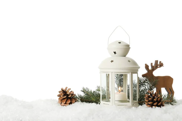 Prachtige Compositie Met Vintage Kerstlantaarn Feestelijke Decoraties Sneeuw Tegen Witte — Stockfoto