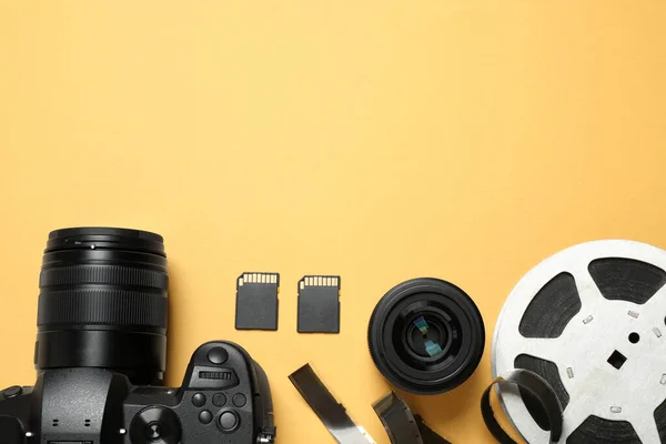 Flat Lay Composition Camera Video Production Equipment Yellow Background Space — Stock Photo, Image