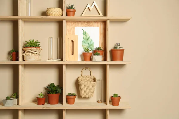 Wooden Shelves Different Decorative Elements Beige Wall — Stock Photo, Image