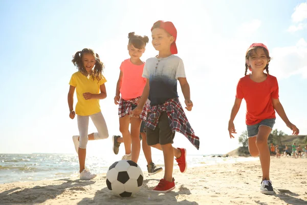 Cute Children Playing Soccer Beach Sunny Day Summer Camp — Stock Photo, Image