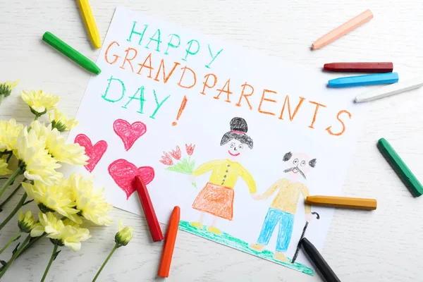 Чудовий Малюнок Фразою Щасливий День Дідуся Бабусею Білому Столі — стокове фото