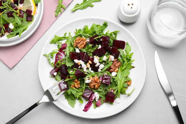 Delicious Beet Salad Served Grey Table Flat Lay — Stock Photo, Image