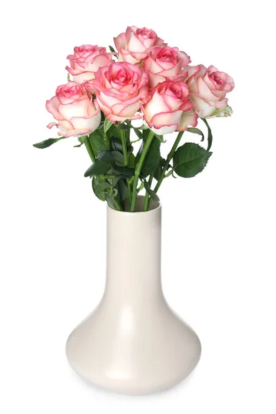 Vaso Bege Com Belas Rosas Rosa Isoladas Branco — Fotografia de Stock