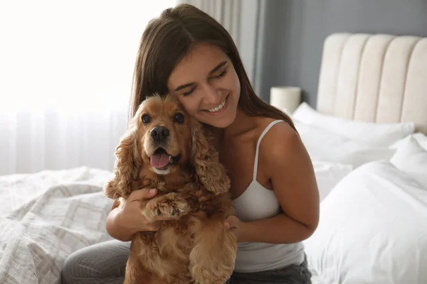 Femeia Tânără Spaniolul Englez Cocker Pat Interior Hotel Prietenos Animale — Fotografie, imagine de stoc