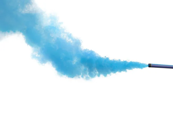 Mujer Con Bomba Humo Azul Cerca Pared Blanca Aire Libre — Foto de Stock