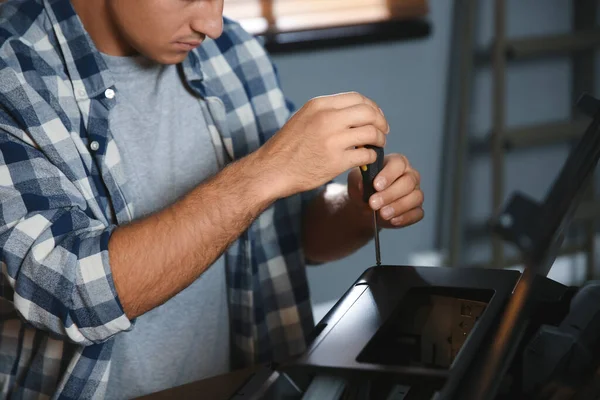 Repairman Screwdriver Fixing Modern Printer Indoors Closeup — Stock Photo, Image