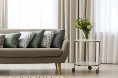 Modern oturma odasındaki yastıklı kanepe