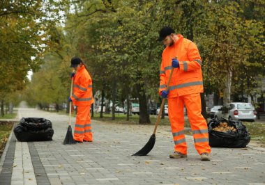 Street cleaners sweeping fallen leaves outdoors on autumn day clipart
