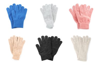 Beyaz arka planda yün eldivenler, üst görünüm 