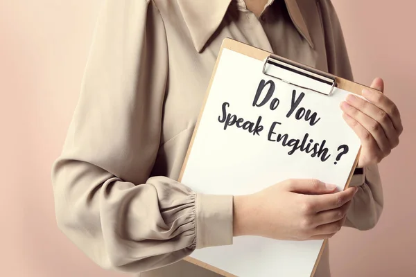 Woman Holding Clipboard Question You Speak English Pink Background Closeup — Stock fotografie